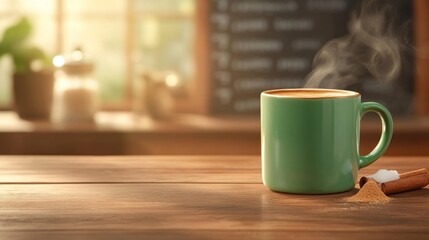 Fototapeta premium Green Mug with Steaming Coffee. Generative AI