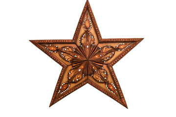 Fototapeta premium Star shaped wooden frame with festive patterns. Isolated on transparent or white background cut out