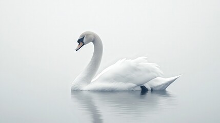 A serene white swan glides gracefully across a misty, tranquil lake, creating a peaceful and ethereal atmosphere.