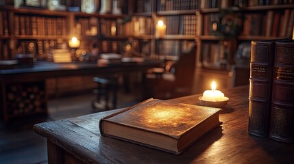 Ancient Book Illuminated By Candlelight In Library Setting