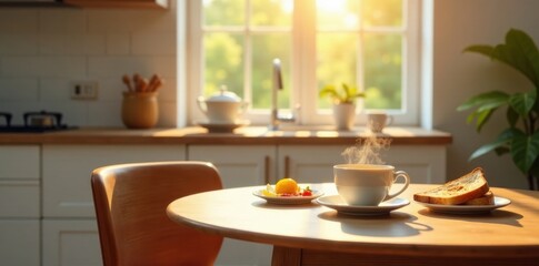 Fototapeta premium Warm morning sunlight illuminates a kitchen table setting with a steaming cup of tea, a small plate of fruit, and slices of toast.