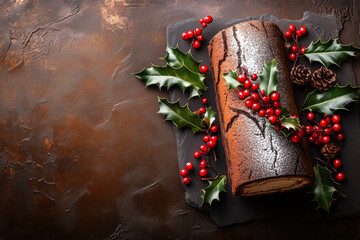 Festive yule log dessert adorned with holly and berries on dark rustic background