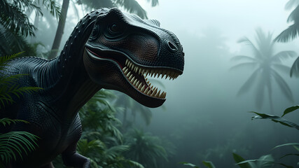 Dinosaur t-rex portrait deep jungle rainforest fern trees realistic frontal photo fog behind palms plants,&nbsp;Generative AI