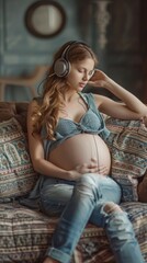 This photo of a pregnant woman listening to music with headphones on conveys an atmosphere of calm and peacefulness. It will be useful for articles about pregnancy, relaxation