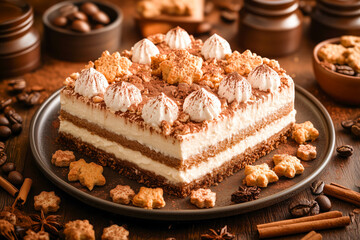Delicious tiramisu cake on rustic table with coffee beans and cookies