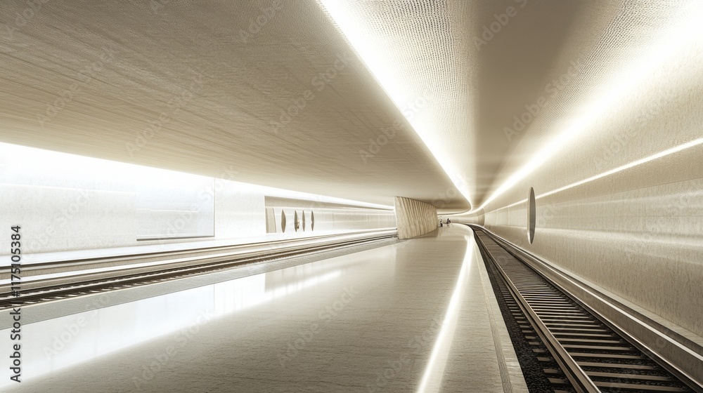 Aufkleber A well-lit subway tunnel with tracks running through it, showcasing the clean, modern design of the space, with subtle reflections from the polished walls and floor
