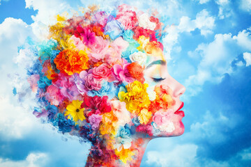 Vibrant floral art: female portrait surrounded by colorful blossoms against cloudy sky