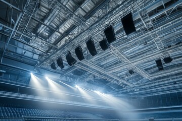Empty auditorium, stage lighting, suspended sound system.
