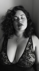 Naklejka premium Black and white image of a young woman in lingerie with her eyes closed. Suitable for illustrations in fashion magazines, lingerie and cosmetics advertising, as well as for art projects.
