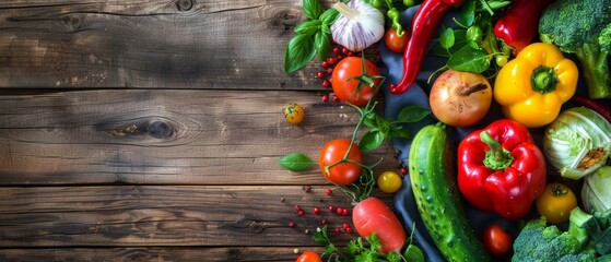 Bright and fresh vegetables on a wooden surface. Suitable for articles about healthy eating, cooking blogs and food advertising.