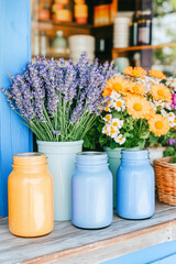 Colorful mason jars and blooming flowers on a bright wooden shelf