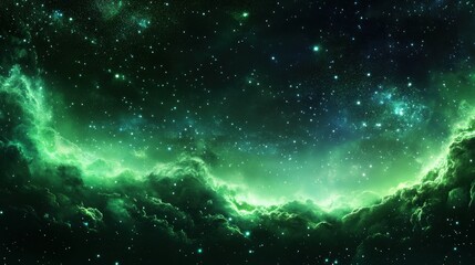 Obraz premium Fantastic night sky effect with a dark green glowing backdrop, featuring twinkling stars and a clean design space for long web banners