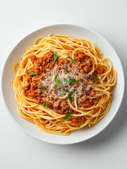 Spaghetti bolognese with parmesan and basil garnish on white plate