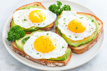 Delicious avocado toast with fried eggs on sourdough bread garnished with parsley