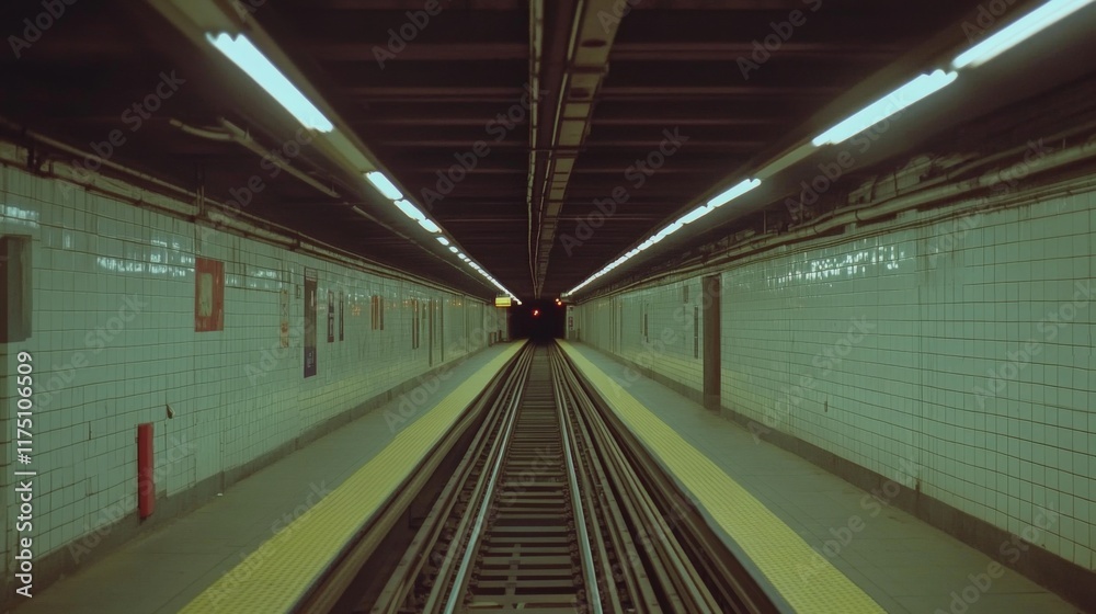 Leinwandbilder A wide-angle view of an empty subway tunnel with track rails disappearing into the distance, with soft lighting on the walls highlighting the tunnel's spacious interior