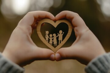 A child's two hands join together to make a heart sign and inside is an icon of a happy family