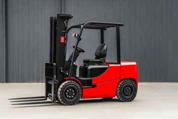 Red forklift, black mast, gray background.
