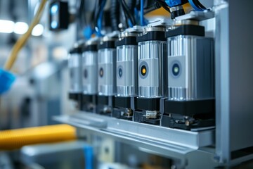 Industrial machinery with translucent components and indicators.