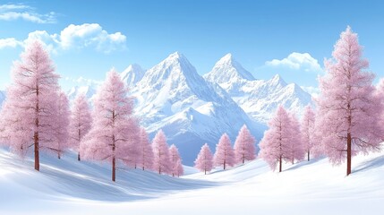 Naklejka premium Pink-blossom trees adorn a snow-covered valley with majestic snow-capped mountains