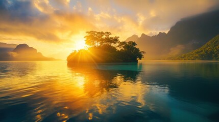 Golden morning rays dancing on the crystal-clear waters around a luxury resort island, highlighting its beauty and exclusive appeal