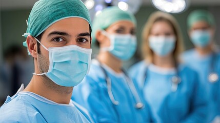 Surgeon in scrubs and mask with colleagues in background