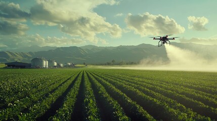 A drone is spraying a field with a white substance