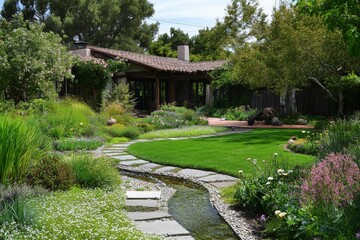 Landscaped garden, house, stone path, water feature.
