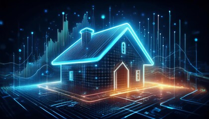 A futuristic digital representation of a house surrounded by glowing data patterns, symbolizing smart homes and technology integration.