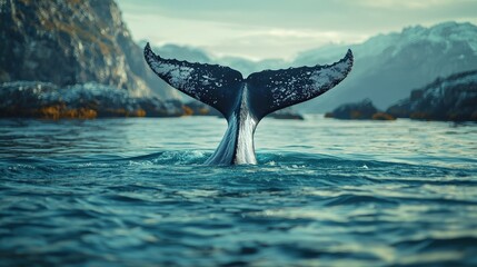 Fototapeta premium A majestic whale tail breaks the surface of calm waters, surrounded by rugged mountains, showcasing nature's beauty in an aquatic landscape.