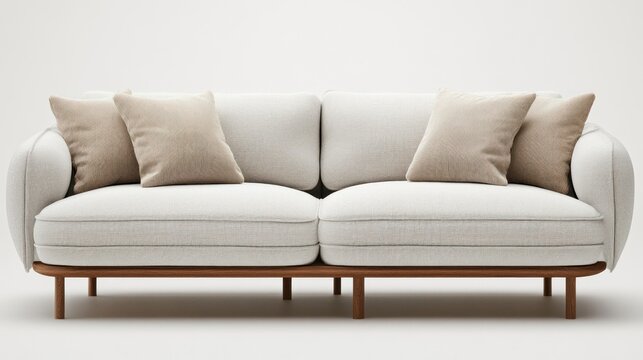 Modern white fabric sofa studio shot, beige pillows, wooden legs, minimalist background, furniture catalog