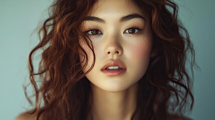 Fototapeta premium A young woman with wavy brown hair and subtle makeup