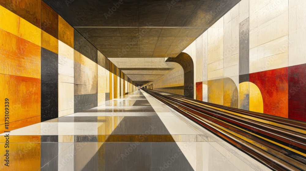 Aufkleber A well-lit subway tunnel with tracks running through it, showcasing the clean, modern design of the space, with subtle reflections from the polished walls and floor