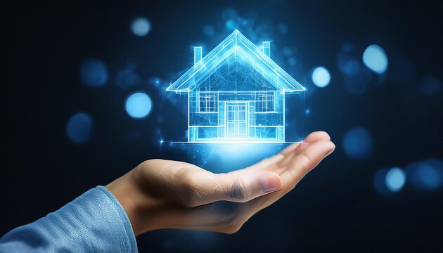 A glowing digital house icon hovers above an open hand, symbolizing technology and real estate innovation.