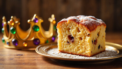 Single King Cake slice on a golden plate, royal Mardi Gras crown