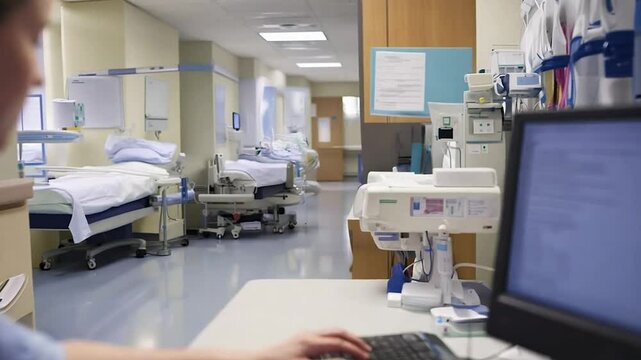 A nurse working at a hospital station, inputting patient data into a computer system. The organized setting reflects the integration of technology in modern healthcare and the dedication of medical 