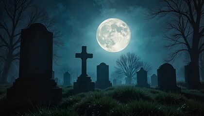 Graveyard silhouettes under a full moon in eerie nightscape