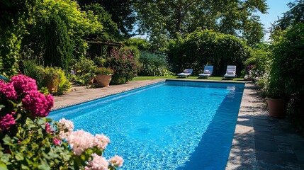  A serene outdoor setting with a rectangular swimming pool surrounded by a garden area. The pool has clear blue water, and there are patio stones lining the pool area, with various potted plants.