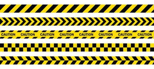 Caution tape set of yellow warning ribbons. Warning zone, danger tapes. Yellow stripes border. Caution tape. Do not cross.
