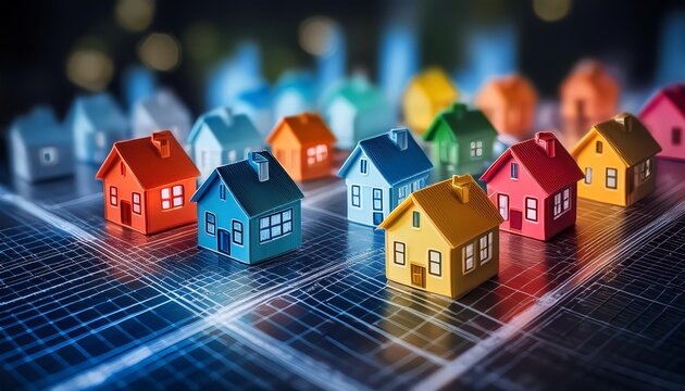 A vibrant collection of colorful miniature houses displayed on a digital grid, representing real estate and technology integration.