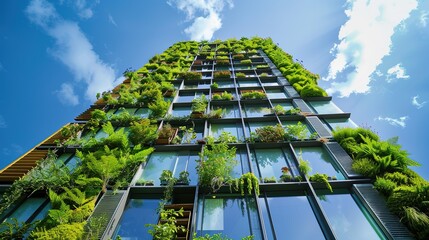 Next-generation office tower with eco-friendly solar panels, rooftop greenery, plant-covered walls, embodying modern sustainable design principles in the center of a vibrant city. 