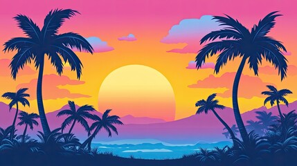 Fototapeta premium Tropical Sunset Palm Trees Landscape Scene