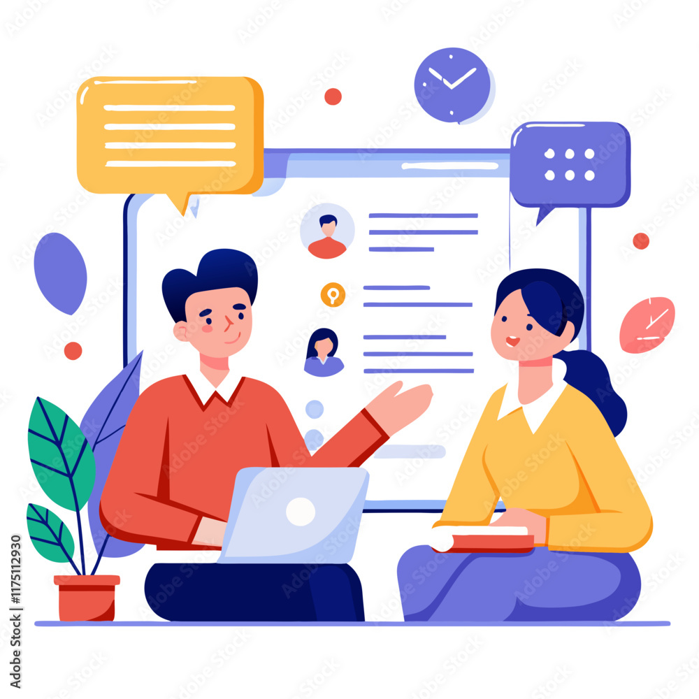 Poster two professionals engaging in an interview through an online platform while discussing key topics re