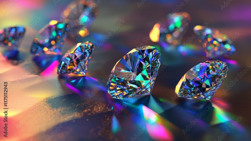 Poster diamonds scattered on a metallic background, their facets reflecting light in a dazzling array of ra