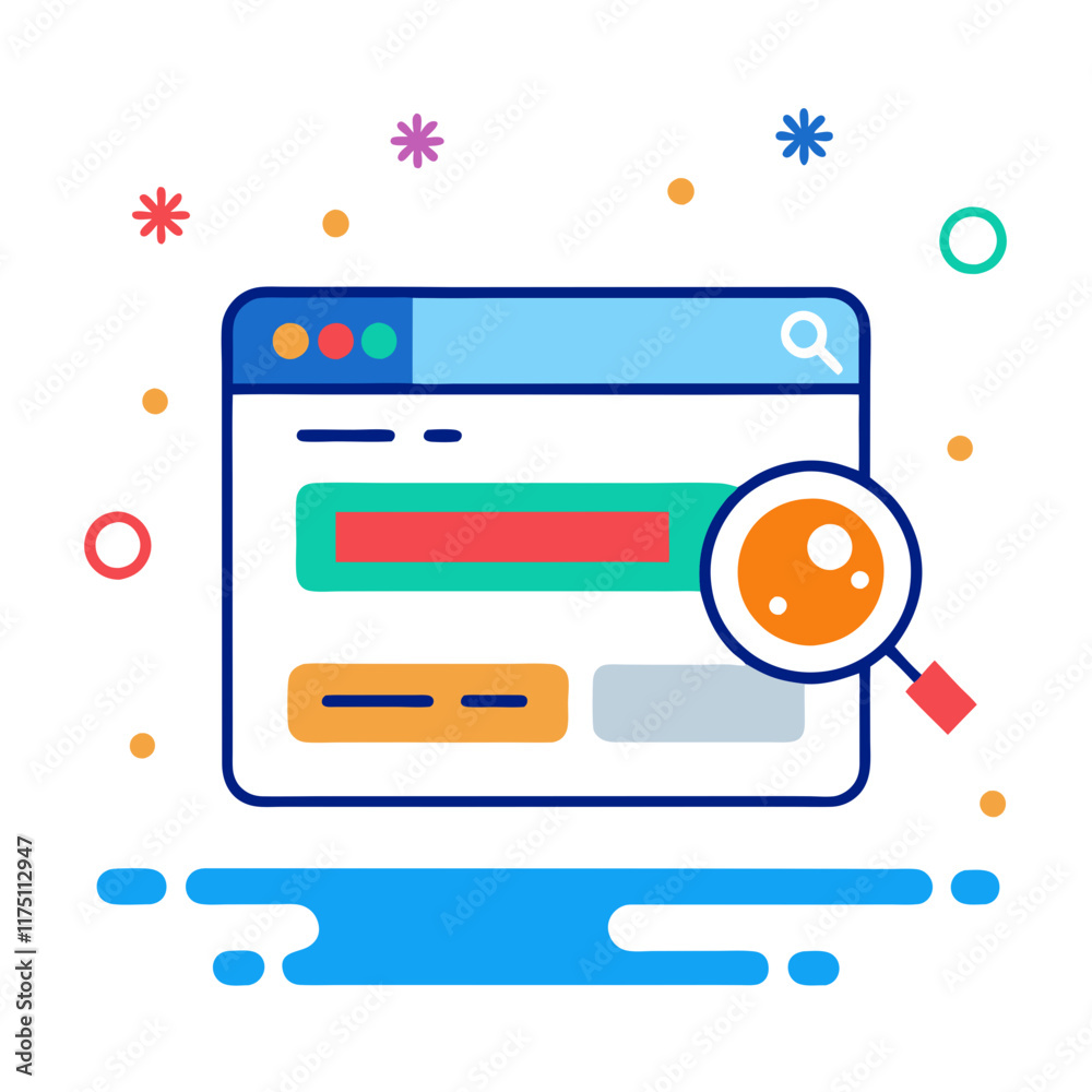 Poster web search interface featuring colorful elements and a magnifying glass in a playful design