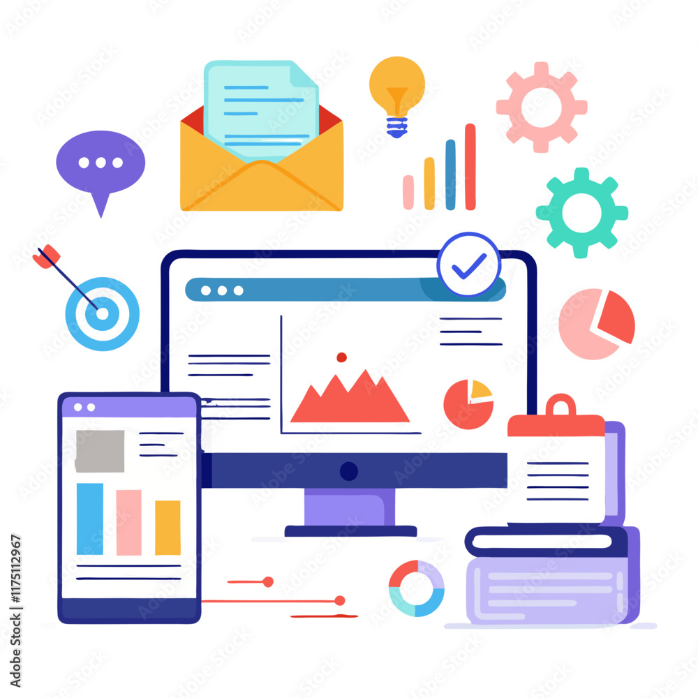 Poster website marketing tools and strategies with computer and mobile devices showcasing analytics and vis