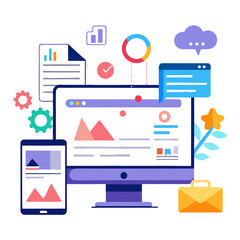 Concept of website marketing illustrated with computer and smartphone surrounded by graphs, charts, and colorful icons