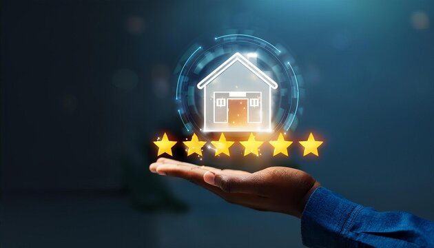 A hand holds a digital house icon surrounded by glowing stars, symbolizing high ratings and excellence in real estate or property services.