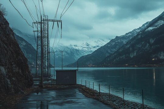 Power lines, water, mountains, snowy peaks, twilight.