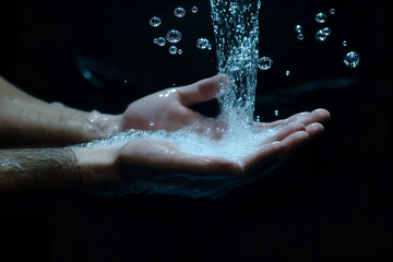 Fototapeta premium Person washing hands under running water, soap bubbles visible, isolated. Health Theme Mockup and concept