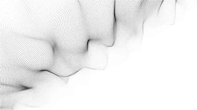 Wave in black and white. Big data visualization. Abstract background with interlacing dots. 3D rendering. Seamless loop.